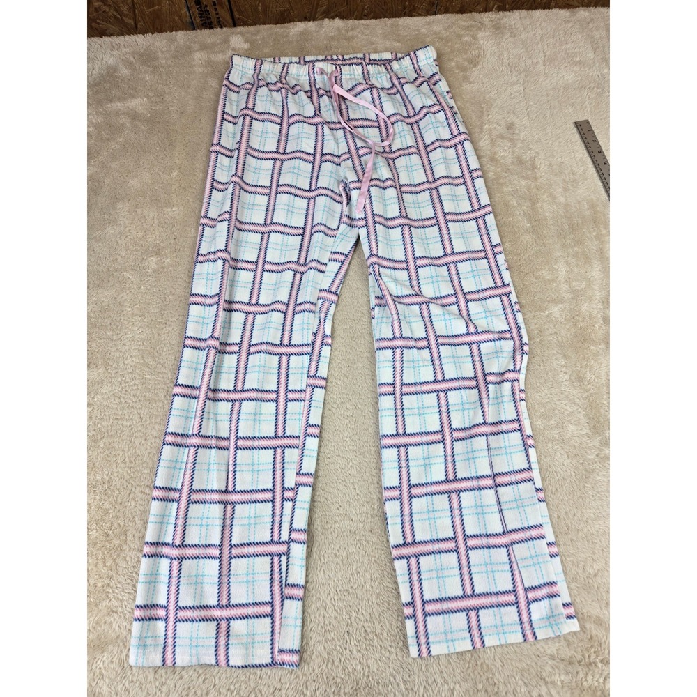 Liz Claiborne Pajama Pants Womens Medium Pink Blue Plaid Fleece‎ Lounge Bottoms